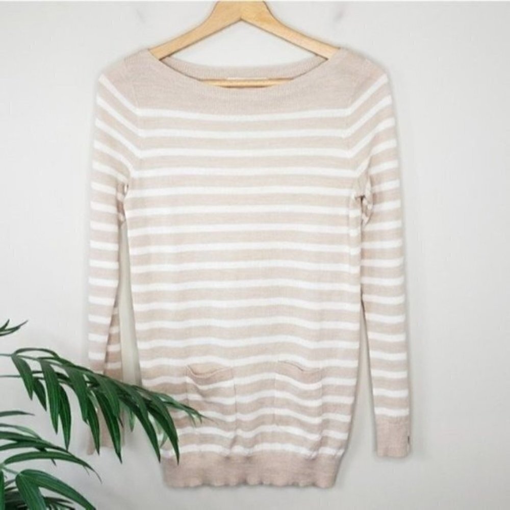 LOFT Beige & Cream Striped Front Pocket Sweater Size XS